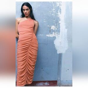 NEW ZARA DRAPED KNIT DRESS DUSTY PINK ONE SLEEVE RUCHED EVENT DRESS NWT